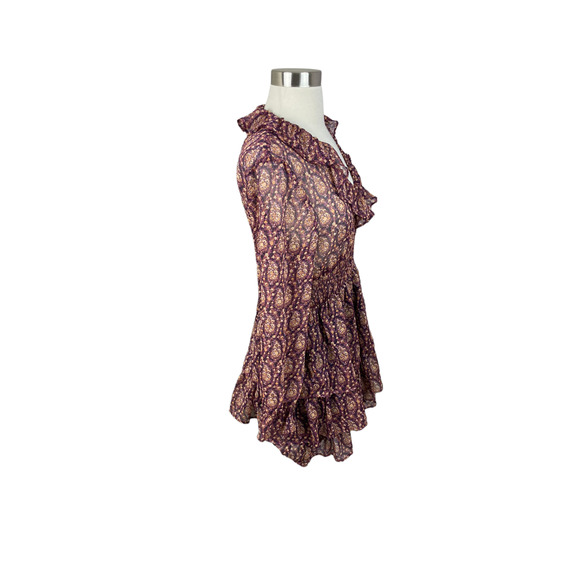 Zara NEW Ruffled Print Boho Dress Purple Gold Metallic V Neck - Picture 2 of 4